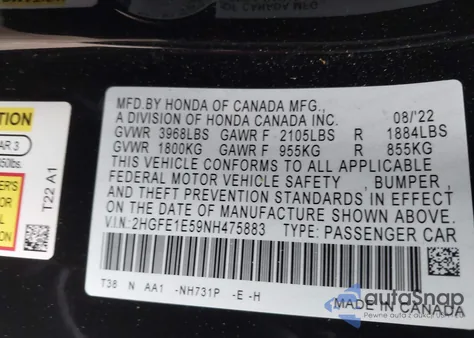 2022 Honda Civic Si from USA, damaged, VIN 2HGFE1E59NH475883